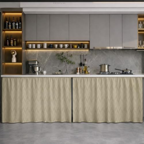 Image of LINENWALAS Under Sink Curtain for Kitchen - Pack of 2 | Herringbone Embossed Design Polyester Under-Sink Cover | Storage-Hiding Curtain with Rod Pocket | Kitchen & Bathroom (132x71 CM, Beige)