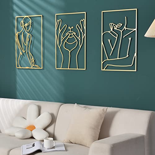 Large Gold Wall Decor Set Of 3, 23.6 X 15.7 Inches Metal Wall Decor Art, Gold Room Decor, Modern Abstract Single Line Female Minimalist Wall Decor For Bedroom, Home Wall Sculptures Accent Decor For Living Room And Bathroom #TOP2