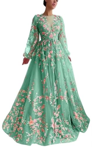 Jamille Tea Length Prom Dress for Women Formal Floral Gowns with Puffy Sleeves Long Embroidery Tulle Evening Dress JA0011 B