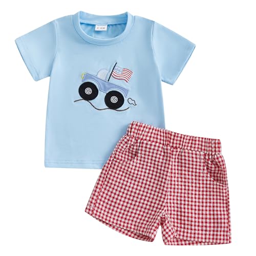 Image of 4th Of July Toddler Boy Outfit Popsicle American Flag T-Shirt and Gingham Plaid Shorts Set Independence Day Clothes