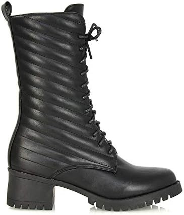Kino London Womens Mid Calf Lace Up Boots Ladies Black Synthetic Leather Chunky Low Heel Combat Biker Shoes Size 8 B(M) US | Image 1
