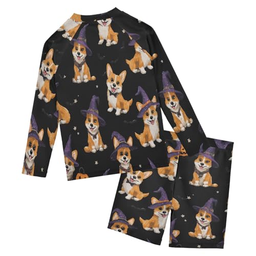 Witch Corgi Dogs Boys Swimsuit Rash Guard Toddler Kids Long Sleeve Swim Shirt and Trunks Swimwear Set 3-10Y2