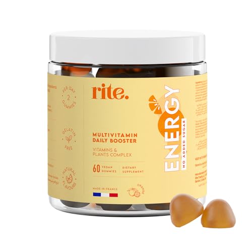 Rite Vitamin Gummies Boost Energy Immune Support Caffeine Free Ginseng Guarana Vegan Orange Flavour (60 Count 1 Month)