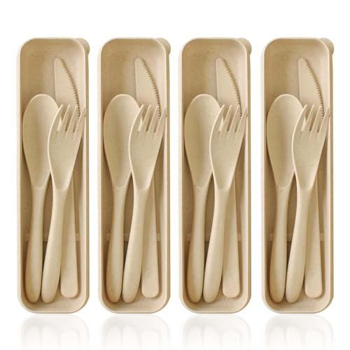 4 Pack Travel Utensil Set with Case, Reusable Spoon Knife Forks Tableware, Portable Cutlery for Adult Travel Picnic Camping or Birthday, Anniversary Use (Beige)