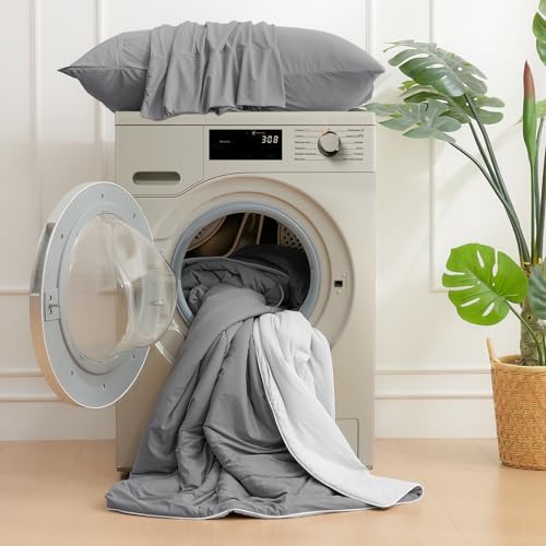 Image of Cozy Bliss Cooling Comforter Queen Size, Cooling Blankets for Hot Sleepers and Night Sweats, Dark Light Gray Summer Comforter for Queen Size Bed, Breathable Soft Lightweight Silk Smooth