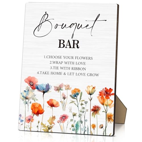 Bouquet Bar Wooden Sign with Stand, 8 x 11 Inch Table Signs For Ceremony & Reception, Bridal Shower Welcome Sign, Baby Shower/Wedding Table Decor Supplies