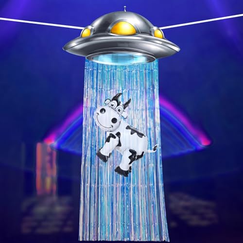 Simgoing Alien Birthday Party Decorations Golden Blue Door Curtain with Foil Fringe Tinsel Spacecraft Flying Saucer Spaceship Hanging Banner Cow Balloon for Alien Halloween Party