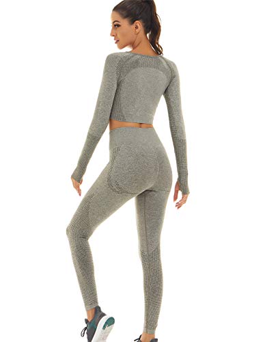 Toplook Women Seamless Workout Outfits Athletic Set Leggings + Long Sleeve Top (Green Gray, Small)