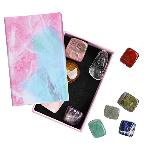 PAFUWEI Chakra Stones Set of 10 with Gift Box, Round Irregular Natural Healing Crystals Gem Stones, Thumb Stones, Palm Stones, Worry Stones