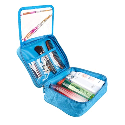 Portable Travel Makeup Cosmetic Bag Organizer Waterproof Toiletry Bags With Handle and Zipper (Medium, Blue)