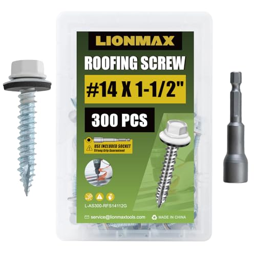 LIONMAX Metal Roofing Screws #14 x 1-1/2 Inch, 300PCS, White, Rubber Washer