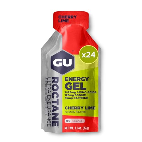 Image of GU Energy Roctane Ultra Endurance Energy Gel, Vegan, Gluten-Free, Kosher, and Dairy-Free On-The-Go Sports Nutrition for Running, Biking, Hiking or Skiing, 24-Count, Cherry Lime