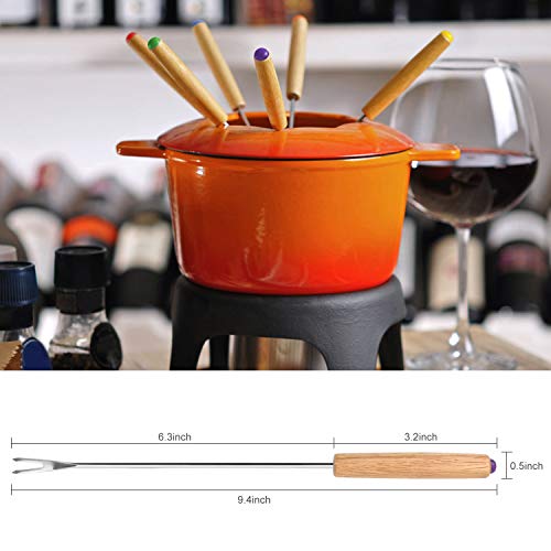 STYDDI Fondue Fork, 18Pcs Stainless Steel Color Coding Fondue Forks with Oak Wood Handle Heat Resistant for Chocolate Fountain Cheese Fondue Roast Marshmallows, 9.5 Inch