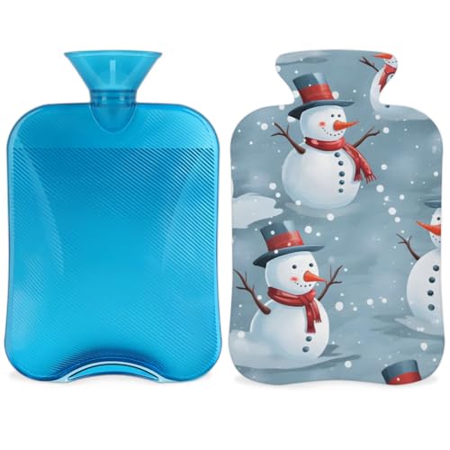 Hot Water Bottle with Soft Cover,2L Watercolor Snowman Hot Water Bag for Hot and Cold Compress, Hand Feet Warmer, Cartoon Snowman Rubber Hot or Cold Water Bottle Halloween Christmas Decorations