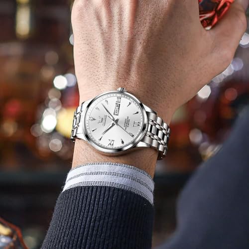 Image of OLEVS Automatic Watches for Men Self Winding Mechanical Wristwatch Luxury Business Dress Stainless Steel Luminous Waterproof Calendar Mens Watch