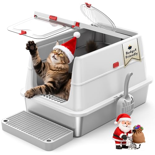 Stainless Steel Litter Box: Enclosed Cat Litter Box with Flip Lid Self Cleaning and High Sided Top Entry Design, XL Extra Large Metal Kitty Litter Pan Tray for Big Cats, Built-in Carbon Filter Pouch