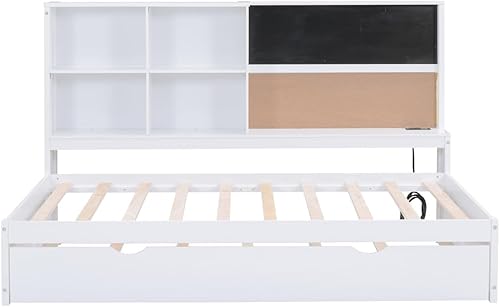 Miniatura 5 de Sofá cama de tamaño individual con nido y estantería, pizarra, tablero de corcho, sofá cama con estación de carga, puertos USB, color blanco