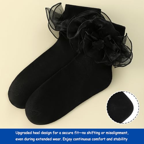 Dicry Women's Big Ruffle Socks with Bows Double Lace Turn Cuff (Size 9-11, 3 Pairs)3