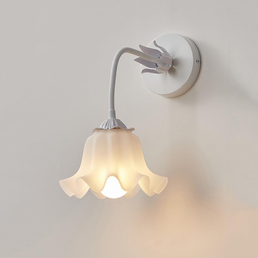 ITOSUI Nordic White Flower Wall Sconce - Dimmable Milk Glass Lamp Green Floral Design for Bedroom and Hallway(White)