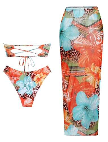 Image of ZAFUL Womens 3pcs Bikini Swimsuits Bandeau 3 Piece Swimwear High Cut Bikini Sets with Long Sheer Coverup Dress
