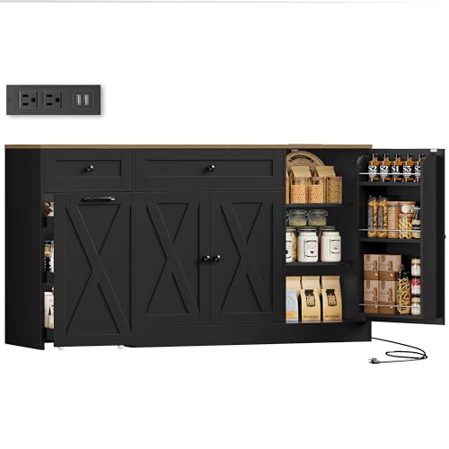 HOSTACK 59'W Kitchen Buffet Cabinet with Storage, Coffee Bar Cabinet, Black