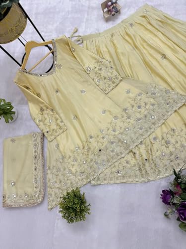 Image of LUXE VIBE Embroidered Embellished chinon semi-beads real mirror work top with chinon lehenga and embroidered dupatta set