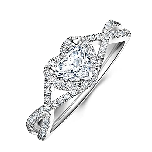 DIYA 1CT Heart Moissanite Engagement Wedding Rings for Women, 14K White Gold Plated Sterling Silver Split Shank Heart Moissanite Promise Ring for Her, Anniversary Valentines Day Gifts for Her Wife Ideal Gift for Girlfriend