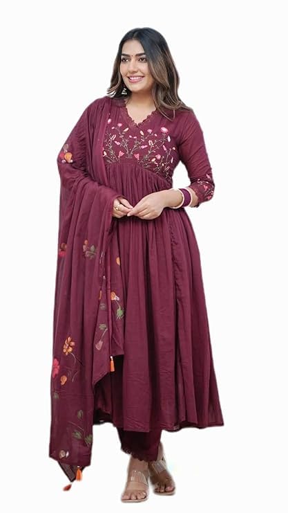 Damski haftowany Anarkali Kurta i Spodnie Zestaw z Nadrukiem Bawełny Malmal Dupatta i Koronką