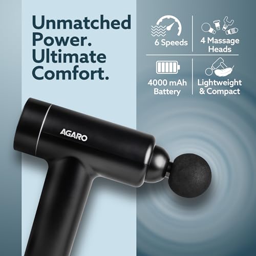 AGARO Regal Gun Massager, 4 Heads, 6 Speed, Rechargeable, Handheld, Percussion Muscle Massager for Full Body Relief, Muscle Relaxation of Neck, Shoulder, Back, Foot for Men & Women, Black. view 2