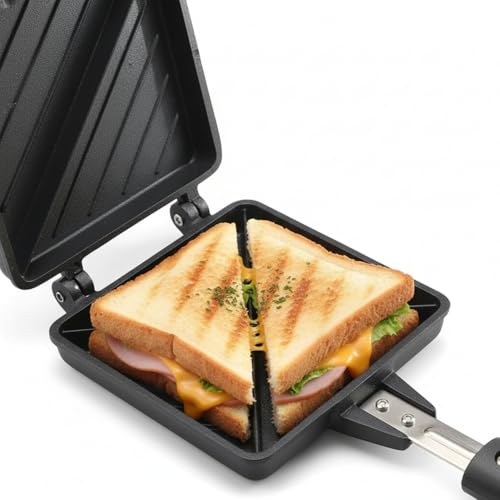 Image of Sandwich Maker for Gas Stove Non Stick | Jumbo 2 Slice Grill Sandwich Toaster | Crispy Toasted Bread Sandwich Maker | Heat Resistant Handle | Black (Jumbo 2-Cut Sandwich Toaster)