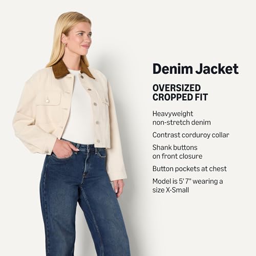 Amazon Essentials Women's Oversized-Fit Cropped Heavyweight Denim Jacket with Contrast Corduroy Collar, Ecru, X-Large - image 2