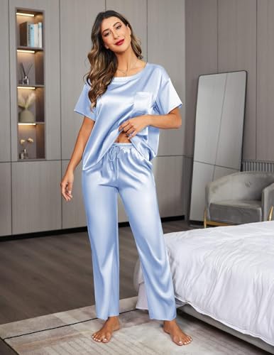 Image of Ekouaer Womens Satin Silky Pajama Set Short Sleeve Shirt with Long Pajama Pant Set Soft PJ Loungewear