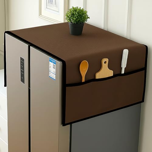 Image of Refrigerator Cover Double Door Waterproof, Dustproof, Refrigerator Top Cover, Protective Covers for Fridges with Extra Storage Space Nylon Top Fridge cover with 6 Storage Pockets (Coffee, 170 x 65 cm)