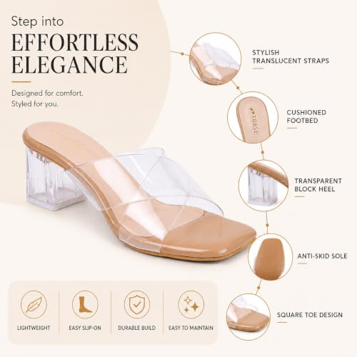 Image of TRASE Transparent Cross Strap Block Heels for Women Stylish | Fashionable Heel Sandals for Girls | Elegant & Formal Footwear