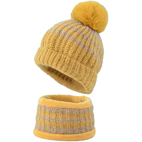 Aisprts Kids Winter Knitted Beanie Hat Scarf Set, Girls 2 in 1 Thermal Pom Pom Hat Neck Warmer with Fleece Lining for Age 5-12, Yellow Cover