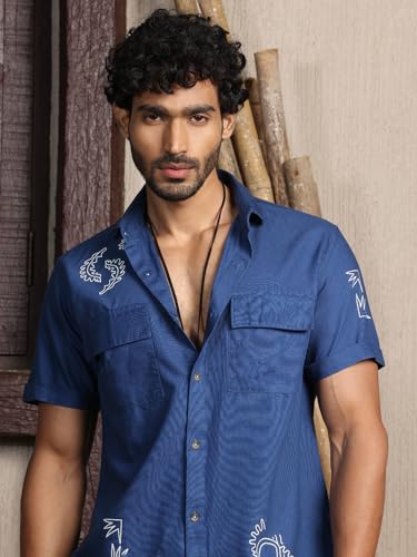 Image of Thomas Scott Men's | Embroidered Printed | Half Sleeve | Regular Fit | 100% Cotton | Double Pocket | Spread Collar | Casual Shirt