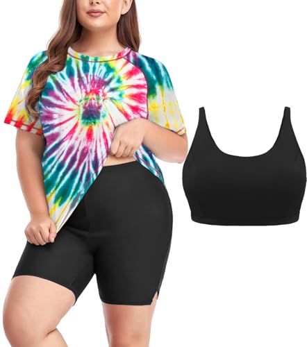 Inno Women's Plus Size 3 Piece Rash Guard Set with Bra Swimsuits Short Sleeve with Boyshorts UPF 50+ Surfing Swimwear
