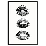 Trendy Luxury Black And White Framed Wall Art Woman Makeup Kiss Lips Pictures For Preppy Girly Dorm Decor-Funky Fashion Feminist Canvas Prints Ready To Hang Room Bedroom