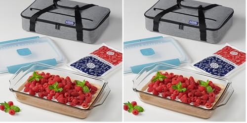 Image of Anchor Hocking 3 Quart Glass Baking Dish with Lid, Insulated Carrier & Hot /Cold Pack (Pack of 2)