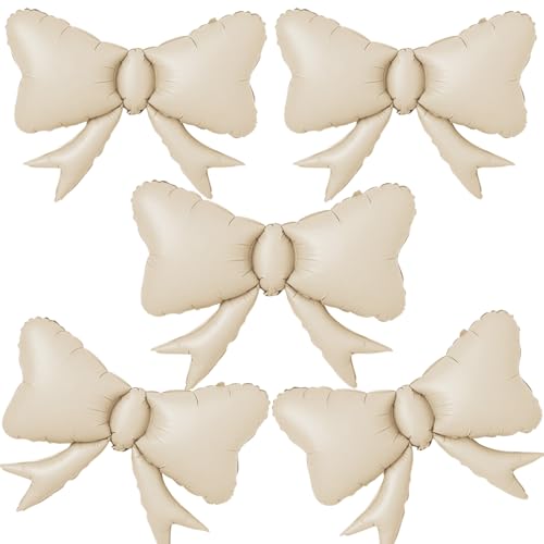 Image of 5pcs White Bow Balloon, Cream White Bows Balloons, Ivory Giant Bow Foil Balloon For Birthday Baby Shower Girls Women Boho Party Wedding Bridal Shower Bachelorette Engagement Graduation Decorations
