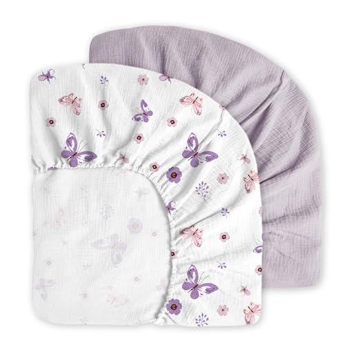 Image of Little Grape Land Muslin Crib Sheets Fitted for Boys and Girls 2 Pack, 100% Cotton Baby Bed Sheets Soft Breathable, Neutral Fitted Baby Mattress Sheets for Standard Crib 52x28 inches, Purple Butterfly