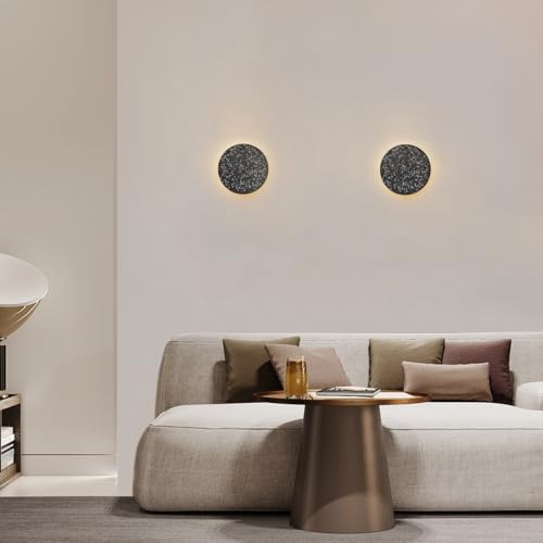 Image of DUHU Round Wall Sconce Black,Cement Wall Lamp Hardwired for Hallway,Minimalist Led Wall Light Flat Design,Modern Sconces Lighting for Bedroom,Living Room,Bathroom,9w 3000k,Warm White,Moon Light Wall