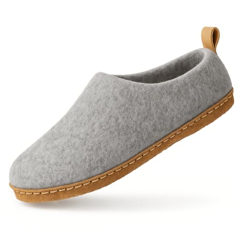 HAUSSIMPLE Wool Slippers with Leather Sole 100% Felted Wool Indoor House Shoes Unisex for Men & Women – Breathable, Warm, Cozy, Natural Wool Loafers (Dark Gray, 7.5 Women/ 6.5 Men)