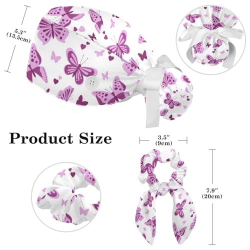 Image of Colored Butterflies Scrub Caps Women, Adjustable Working Cap with Button, Surgical Caps with Bow Hair Scrunchy