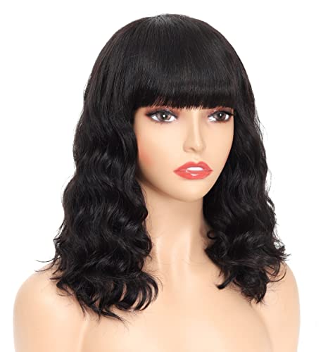 SQPLXK Bob Curly Wigs Human Hair Short Bob Curly Wave Human Hair Wig with Bangs Brazilian Virgin Human Hair None Lace Front Wigs With Bangs 130% Density Machine Made Wigs For Black Women