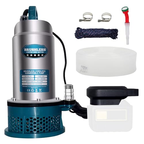 Pompe submersible 300 W compatible avec batterie Makita 18 V (pas de batterie), 5000 l/h, pompe à eau sans fil avec câble de raccordement de 5 m, hauteur de...