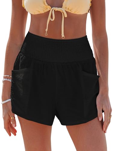 CUPSHE Women Coverup Shorts Smocked Waist High Rise Swimsuit Coverup Shorts with Side Pockets