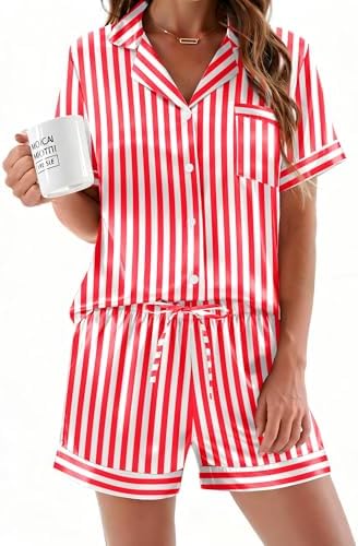 Ekouaer Womens Silk Satin Pajamas Sets 2 Piece Short Sleeve Sleepwear Button Down Top and Shorts Pjs Lounge Wear Sets