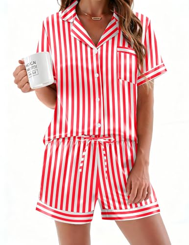 Image of Ekouaer Silk Pajamas for Women Button Down Sleepwear 2 Piece Pjs Shorts Set | Classic Short Sleeve Notch Neck Lounge Set with Pockets,Soft Cute Pj Set,Bridal Gifts,Pajama Party,Maternity Outfits