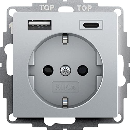 Gira 245926 SchukoSteckdose USB-Anschluss Shutter Berührungsschutz 2-fach Typ A(max.2 4A) Typ C(max.3A) System 55 Alu UP Unterputz Schutzkontaktsteckdose Wandsteckdose Smartphone Tablet 32mm